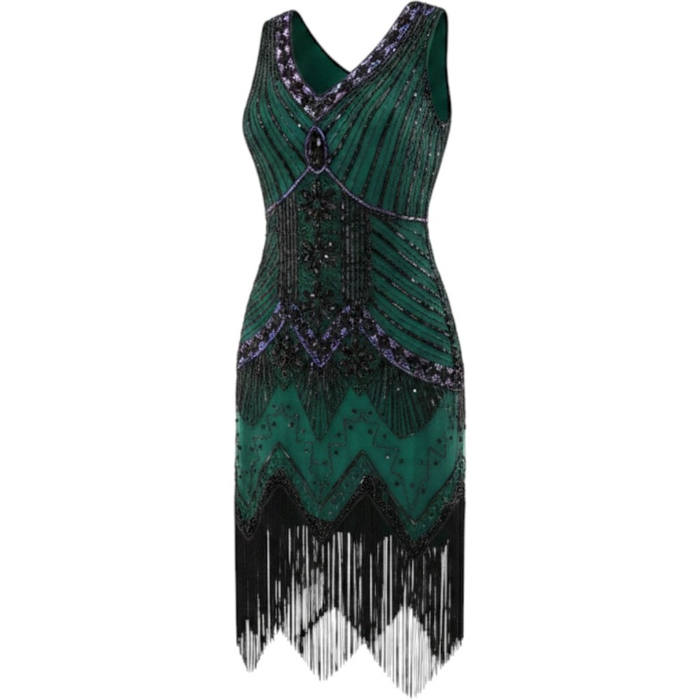 Unique Vintage Dress Womens L Green Sequin Beaded Flapper Gatsby Art Deco